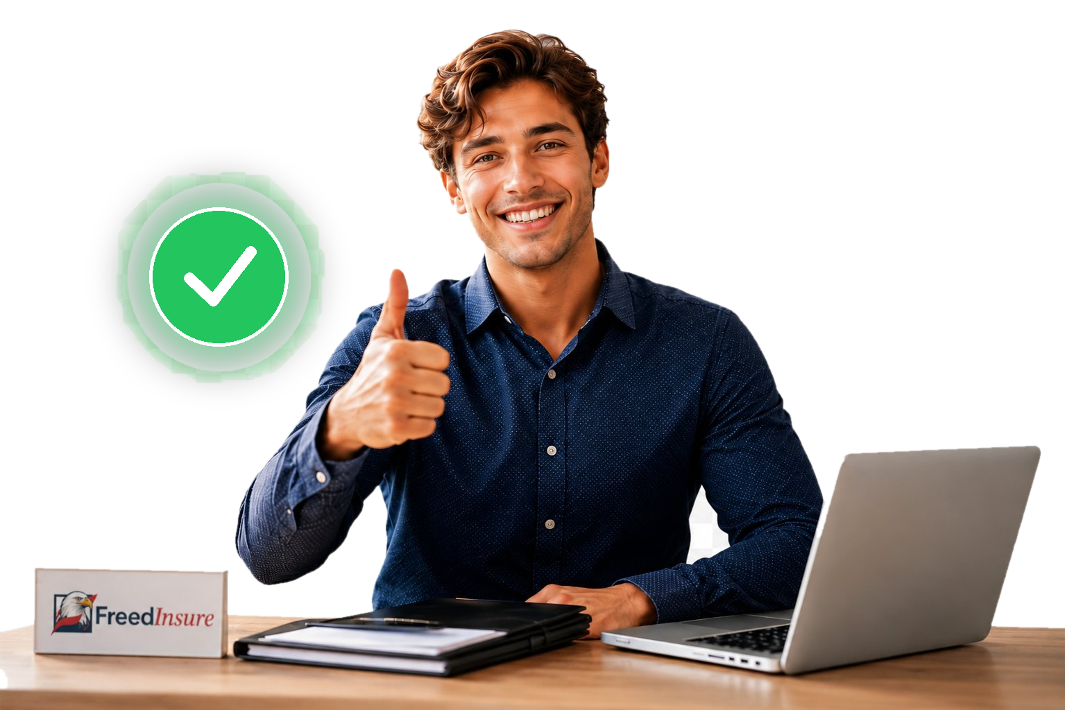 FreedInsure licensed agent giving a thumbs up beside an approved checkmark